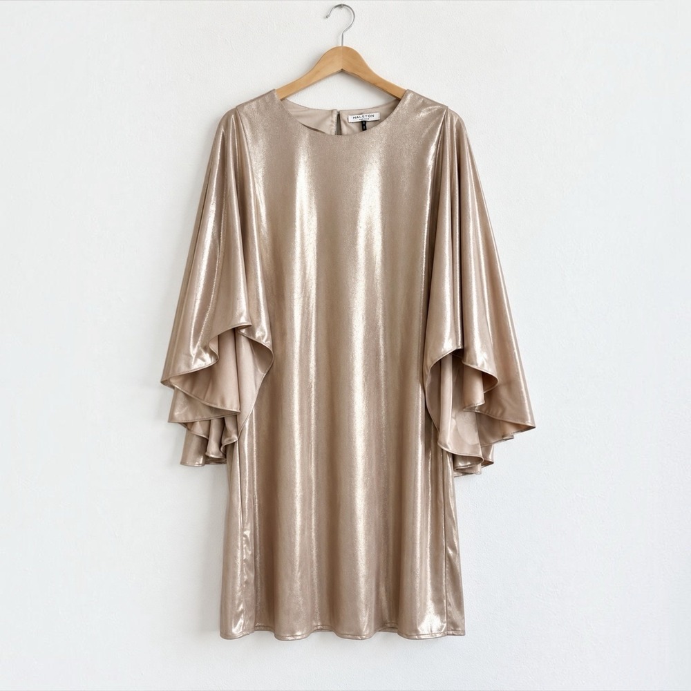 HALSTON HERITAGE Gold Cape Sleeve Dress